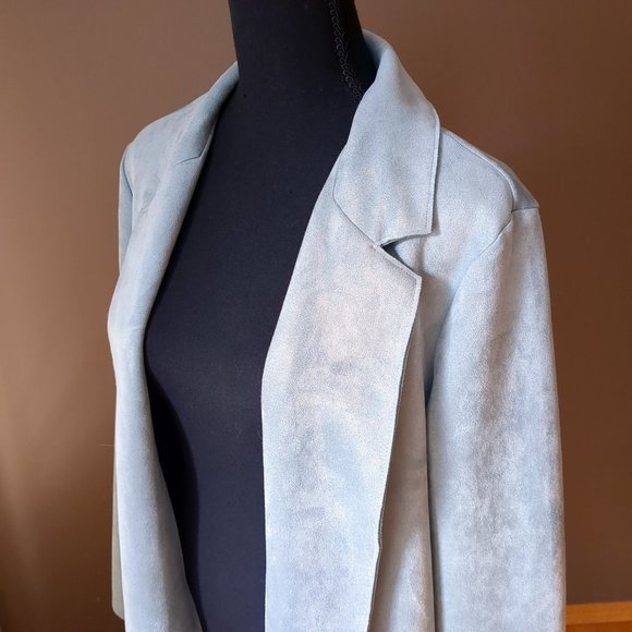 [SOLD] Zara Open Front Duster Jacket Faux Suede Blazer Trench Coat Pastel Blue - Picture 5 of 16